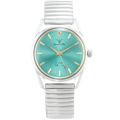 Men's green dial quartz watch with alloy case showing strap options