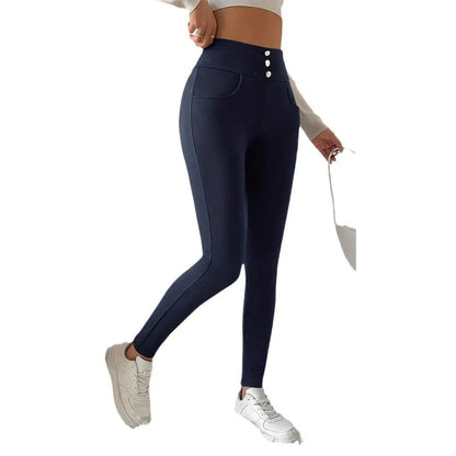 Navy blue women's high-waist slim-fit casual trousers on a hanger