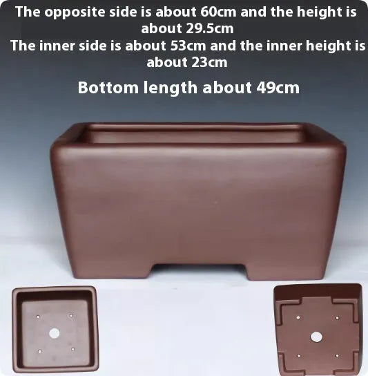 Square purple clay succulent bonsai pot with classical design on wooden table