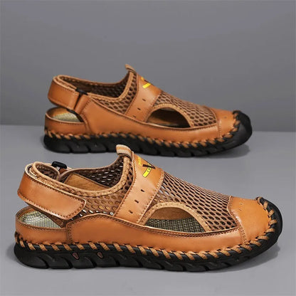 Men's brown leather casual shoe with mesh panels, elastic band, and flat rubber sole.