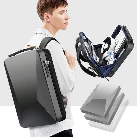Men's hard shell gaming backpack in black or silver with anti-theft lock, 20-35L capacity, and PC material
