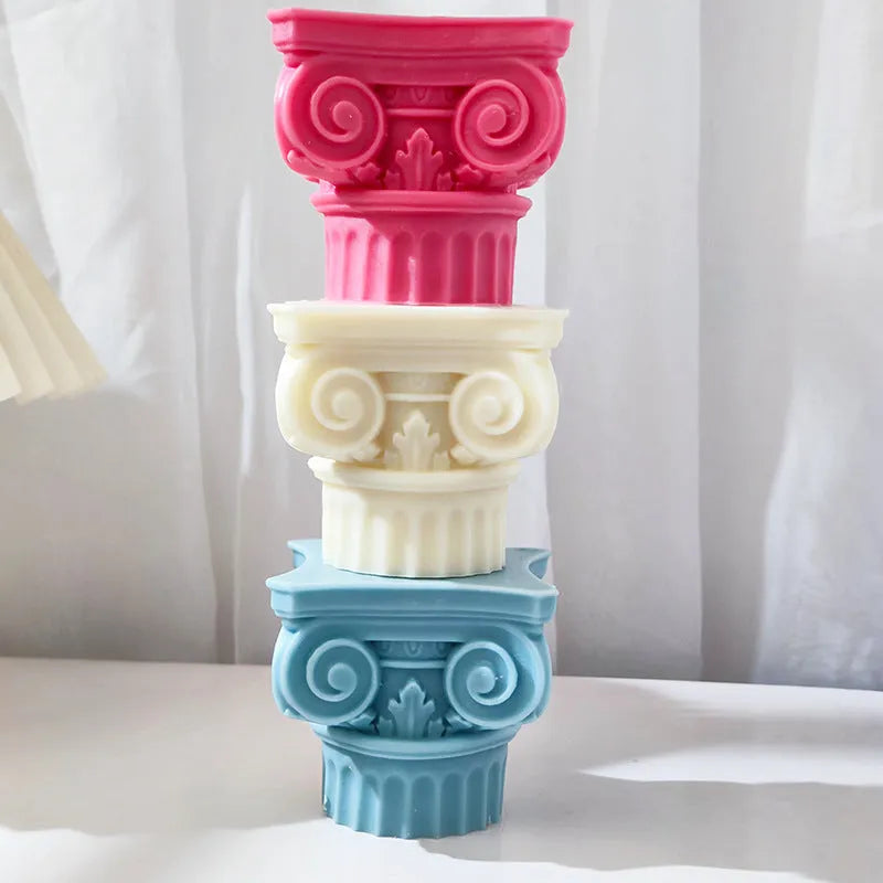 Silicone Roman Pillar candle mould with irregular column design.