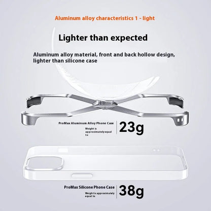 X-shaped aluminium alloy frameless half-pack phone case for iPhone 13 14 15 Pro Max in Bright Moon Silver, Dark Gray or Titanium Gold