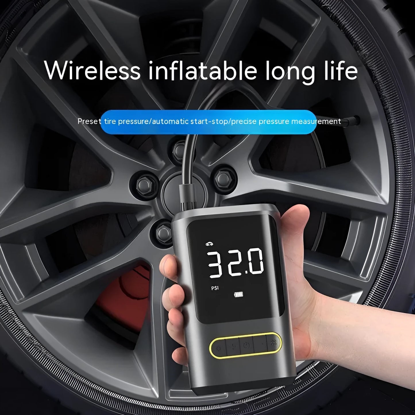 Handheld wireless digital display air pump with LED light showing pressure reading