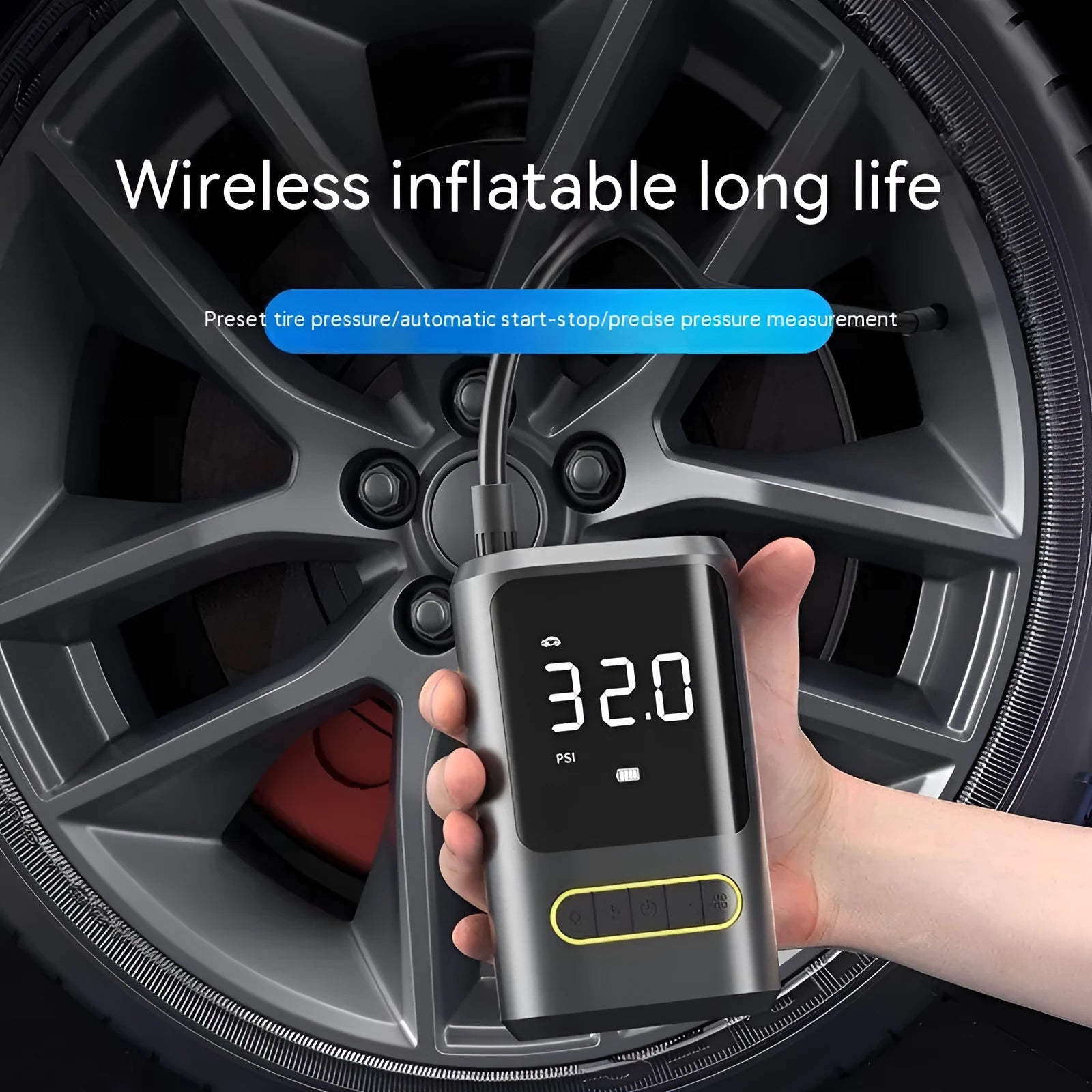 Handheld wireless digital display air pump with LED light showing pressure reading