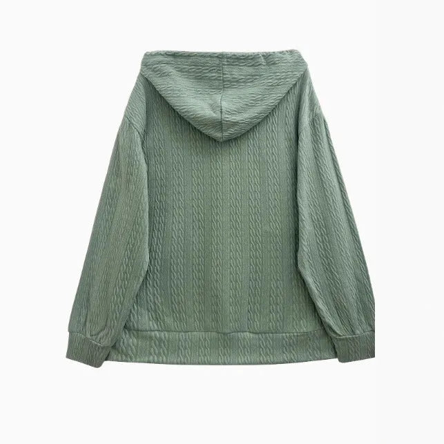 Green hooded sweater with full-length front zipper in loose Japanese Korean casual style