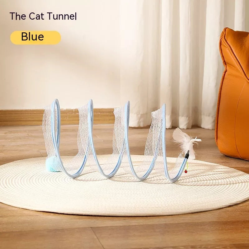 Folded Cat Tunnel S Type with Spring Toy Mouse for interactive cat play