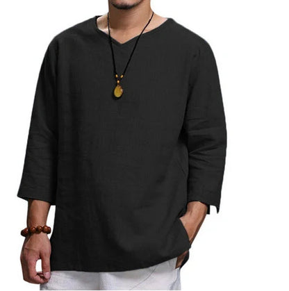 Men's loose V-neck cotton linen long sleeve shirt in various colors