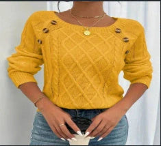 A stylish knitted sweater with a square neckline and button accents, available in a variety of trendy colors for a cozy and fashionable winter look.