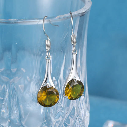 Olive green topaz earrings with water drop shape measuring 2.5 cm, electroplated alloy construction