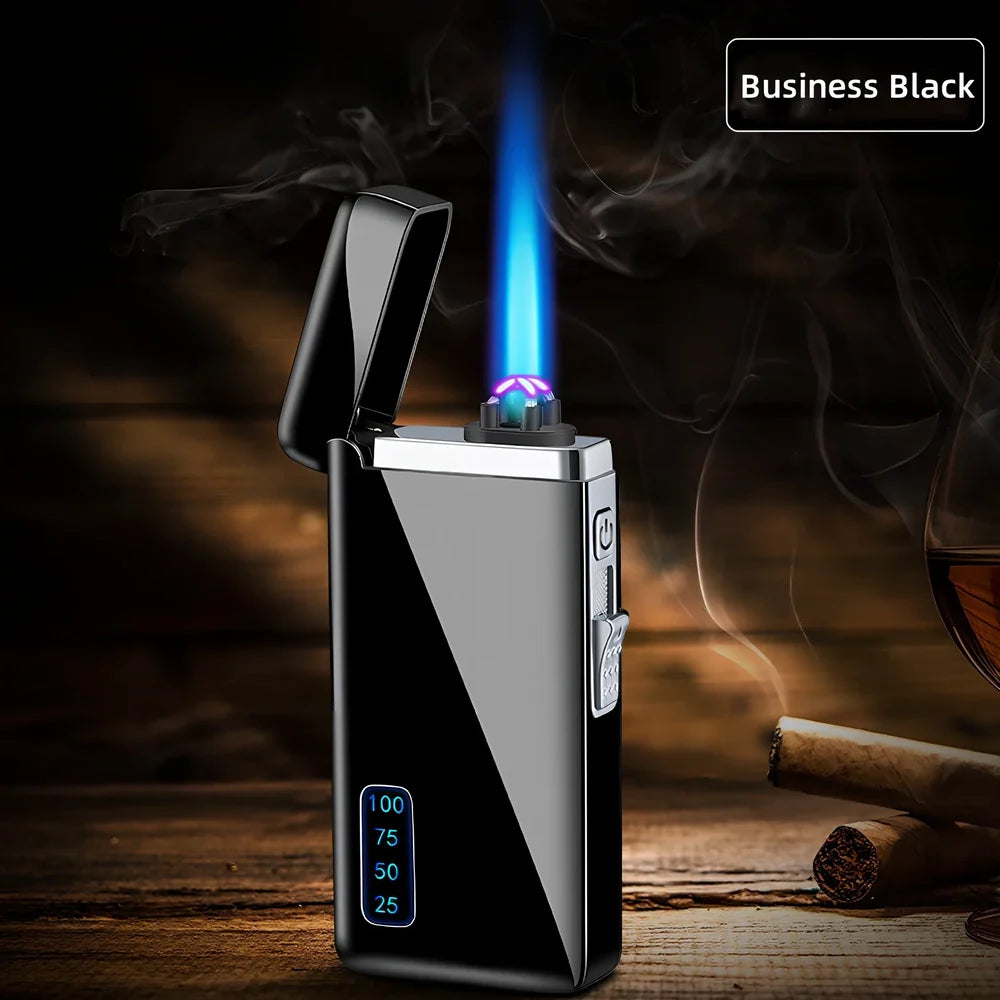 Metal windproof electric lighter showing compact 77.5mm design with USB charging port and flame adjustment