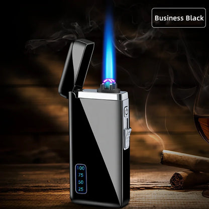 Metal windproof electric lighter showing compact 77.5mm design with USB charging port and flame adjustment