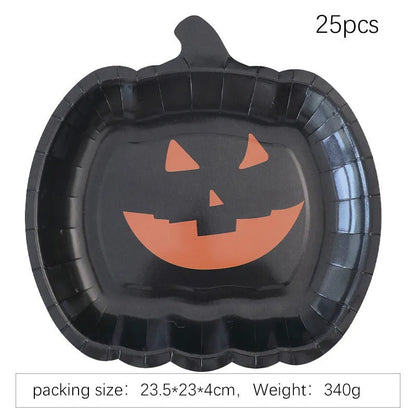 Black pumpkin design disposable paper plates for Halloween, 9-inch diameter