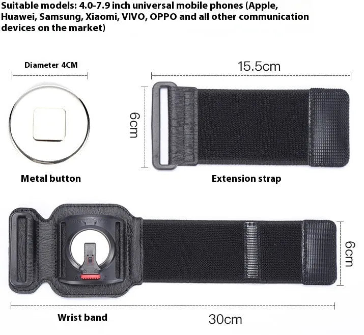Black ABS PC mobile phone wrist strap holder for 4-7 inch smartphones, shown on a wrist for delivery or running.