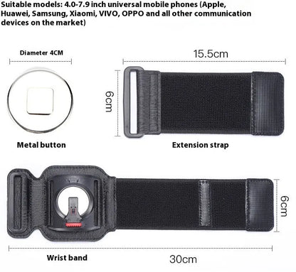 Black ABS PC mobile phone wrist strap holder for 4-7 inch smartphones, shown on a wrist for delivery or running.