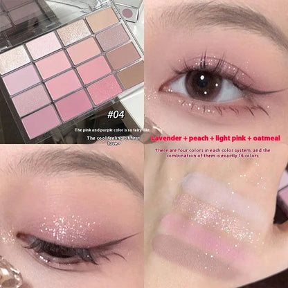 16-colour eye shadow palette showing matte and shimmer powder shades in pink, brown and lavender tones