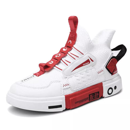 Autumn kids' high-top woven sneakers in white, black, and dark gray