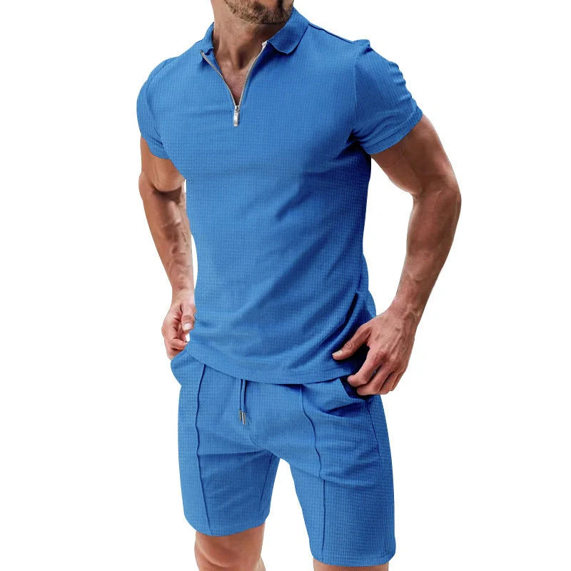 Men's waffle texture summer outfit set with zipper lapel top and drawstring shorts