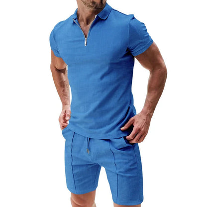 Men's waffle texture summer outfit set with zipper lapel top and drawstring shorts