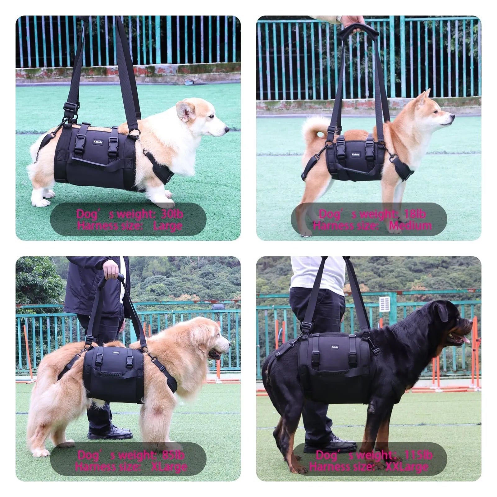 Black Oxford cloth dog harness with leg support design and adjustable chest strap