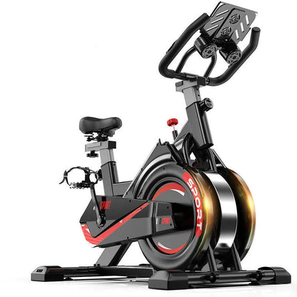 Black upright spinning bike with silent operation, infinite resistance adjustment, and display for distance, time, speed, and calories