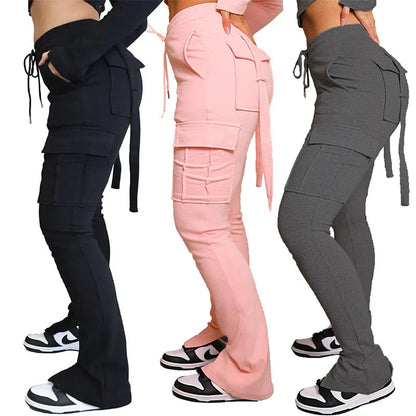 Versatile high-waisted cargo pants for women with pockets, drawstring, and wide leg design