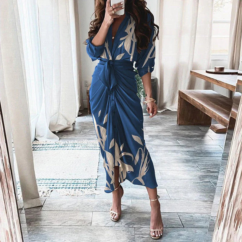 Elegant Floral Print Lace-Up Maxi Dress with Deep V-Neck, Long Sleeves, and Flattering Silhouette