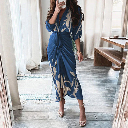 Elegant Floral Print Lace-Up Maxi Dress with Deep V-Neck, Long Sleeves, and Flattering Silhouette