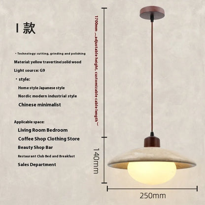 Retro yellow cave stone pendant light with iron body and yellow marble lampshade, hanging wire LED bedside chandelier