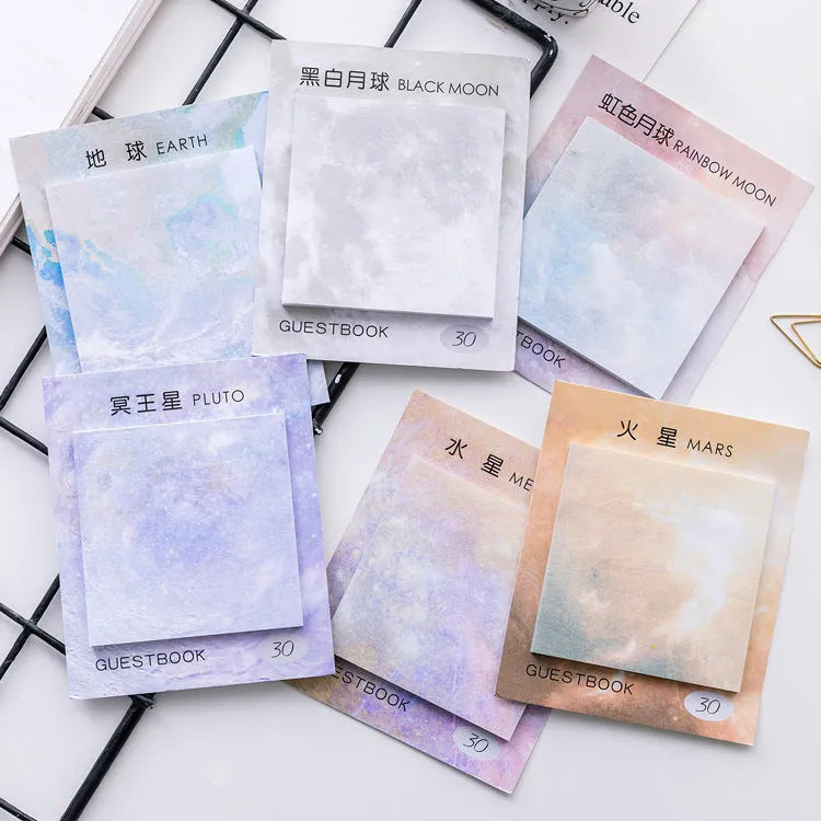 Square 7.3cm sticky notes with oil painting planet designs including Earth, Mars, Mercury, Pluto, and moon variations