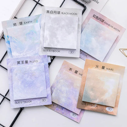 Square 7.3cm sticky notes with oil painting planet designs including Earth, Mars, Mercury, Pluto, and moon variations