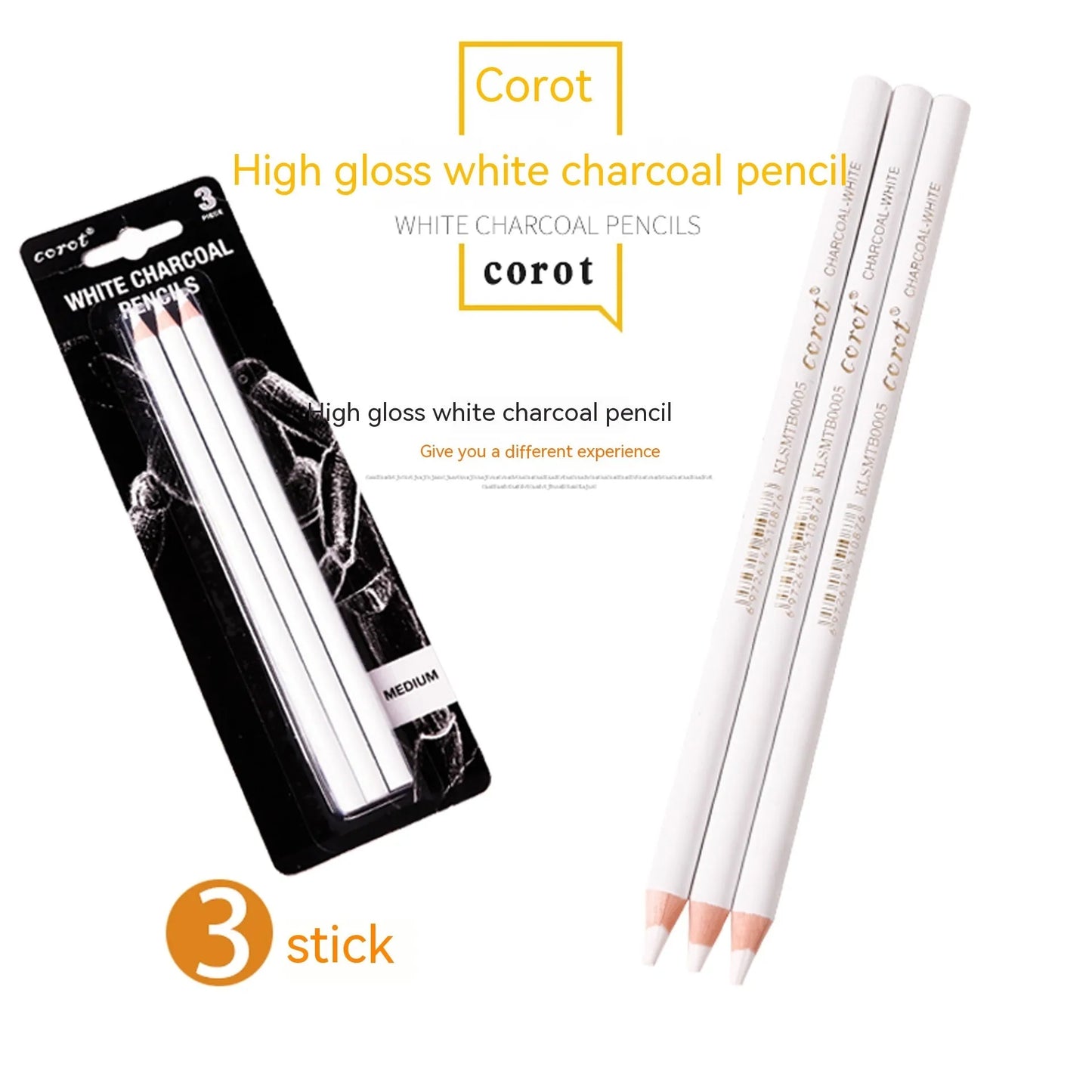 Three white charcoal pencils with wooden barrels for sketching on dark paper