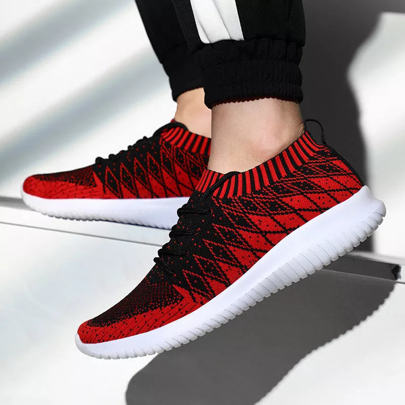 Men's Flying Woven Sneakers with breathable Flyknit upper in dark gray, red, and light gray