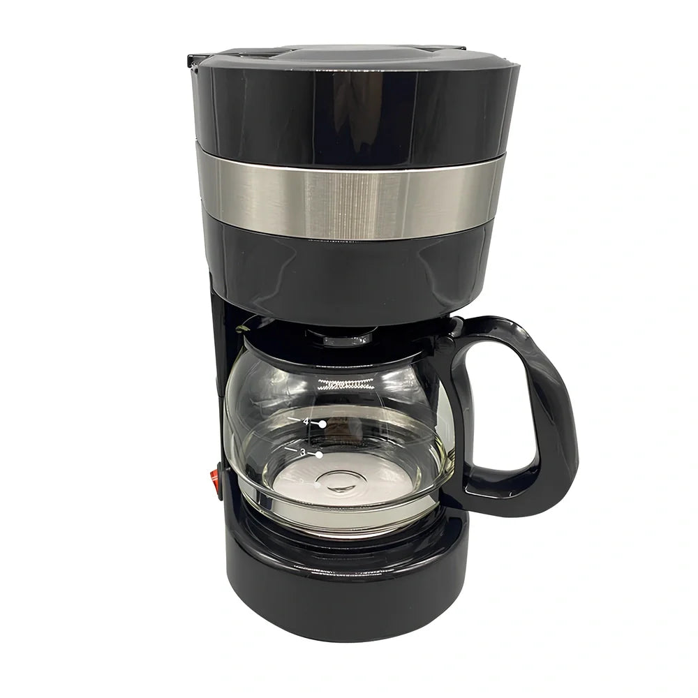 Black automatic drip coffee maker with glass pot, 0.65L capacity for 4-6 cups