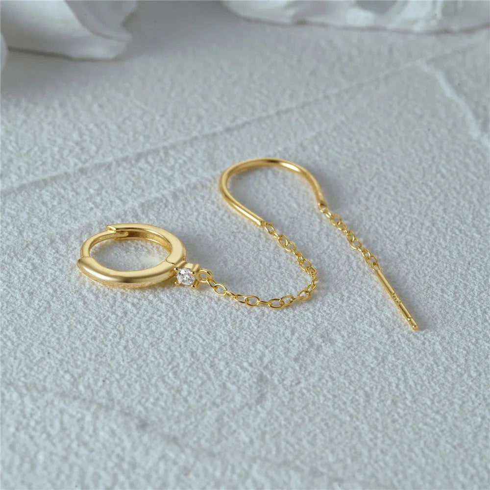 S925 sterling silver geometric ear clip stud earrings with flower and tassel elements in golden colour
