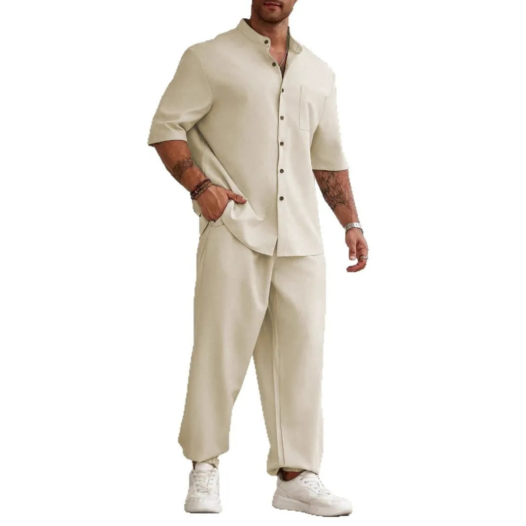 Men's casual short-sleeved button shirt and trousers set in cotton linen fabric
