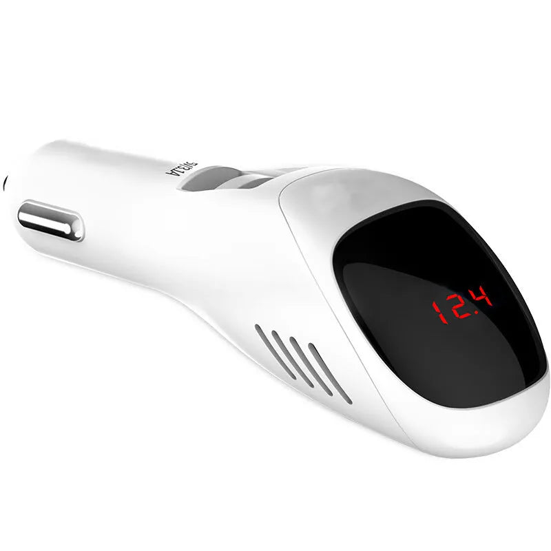 White car USB charger with integrated negative ion air purifier showing dimensions and vehicle power connection