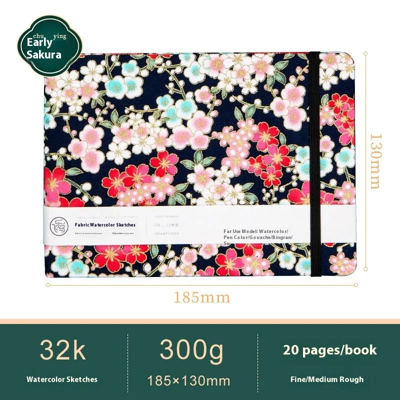 Feiluniao watercolour notebook with fabric cover, 185mm length, open to show paper for painting.