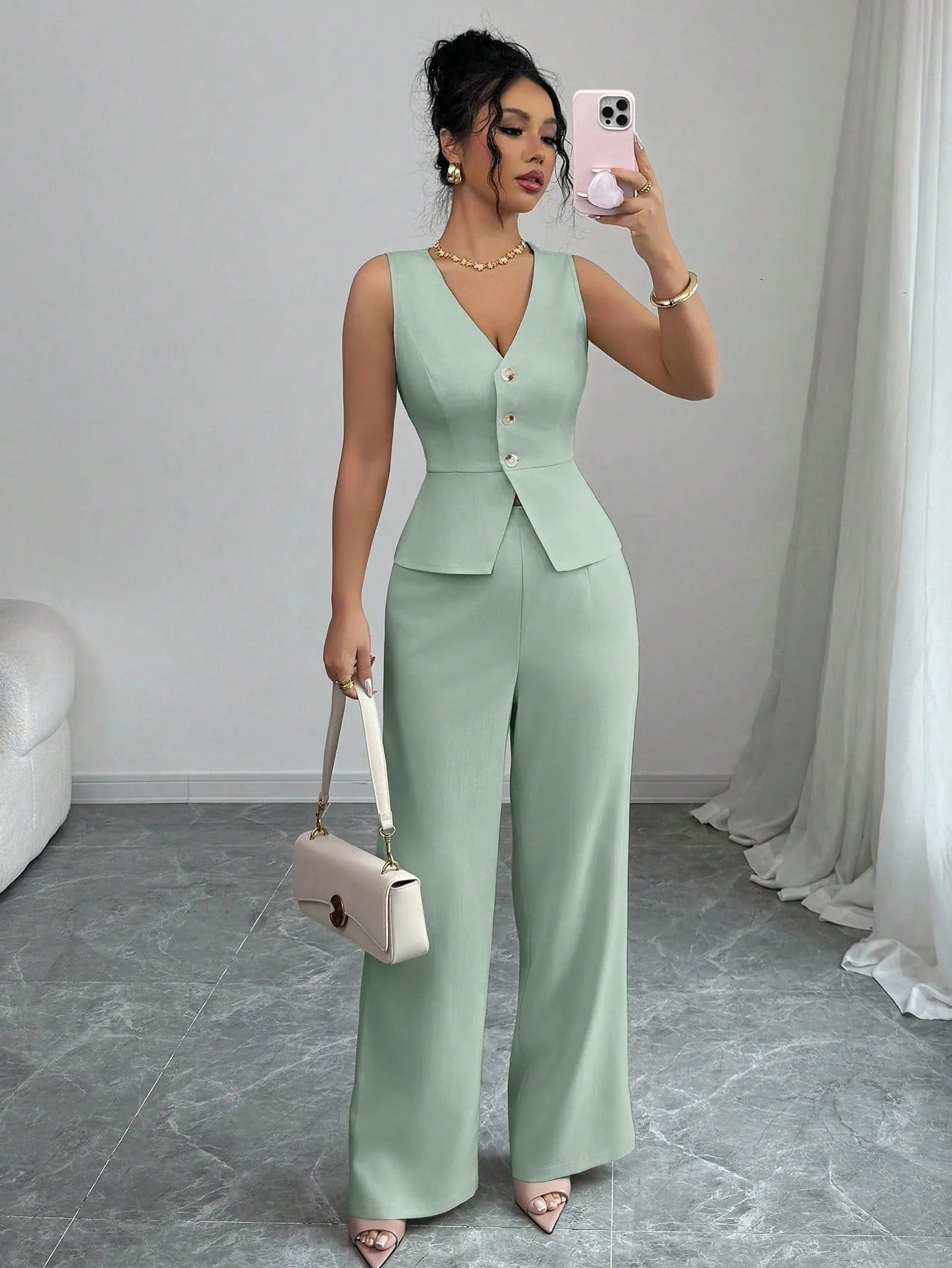 Women's sleeveless vest and high-waist trousers two-piece set in solid colour
