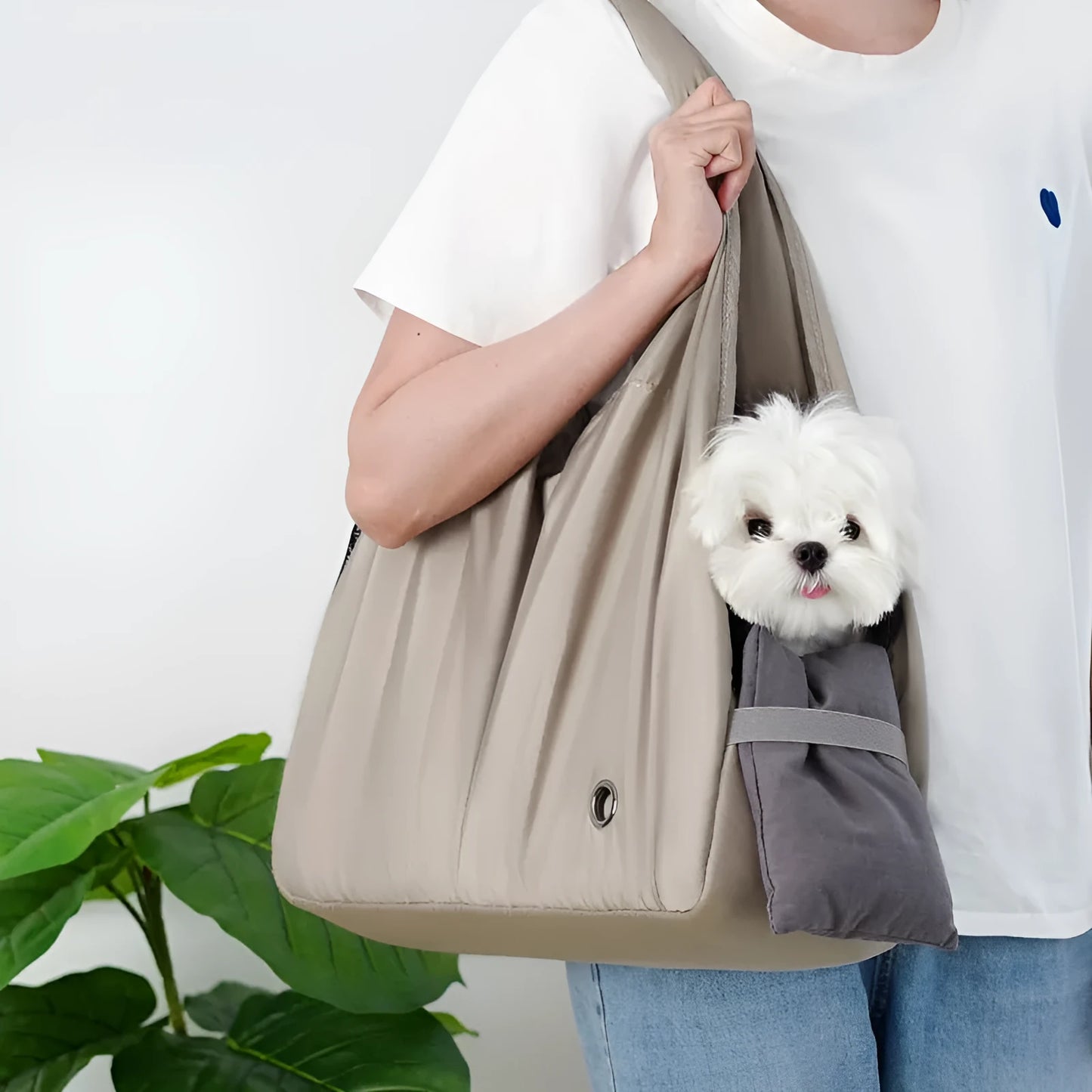 Apricot coloured soft cloth portable pet carrier handbag for small dogs and cats.