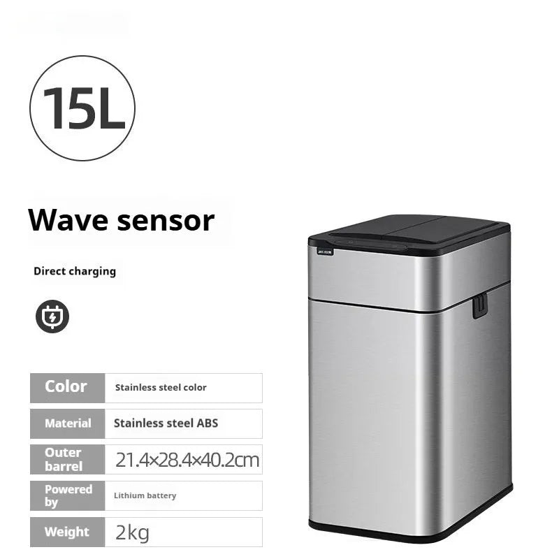 Inductive ashbin smart trash can with automatic lid, stainless steel construction, and square bucket shape