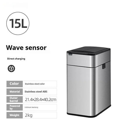 Inductive ashbin smart trash can with automatic lid, stainless steel construction, and square bucket shape