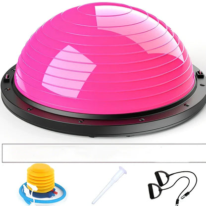 Blue Pilates exercise ball with inflation pump and storage accessories for home fitness