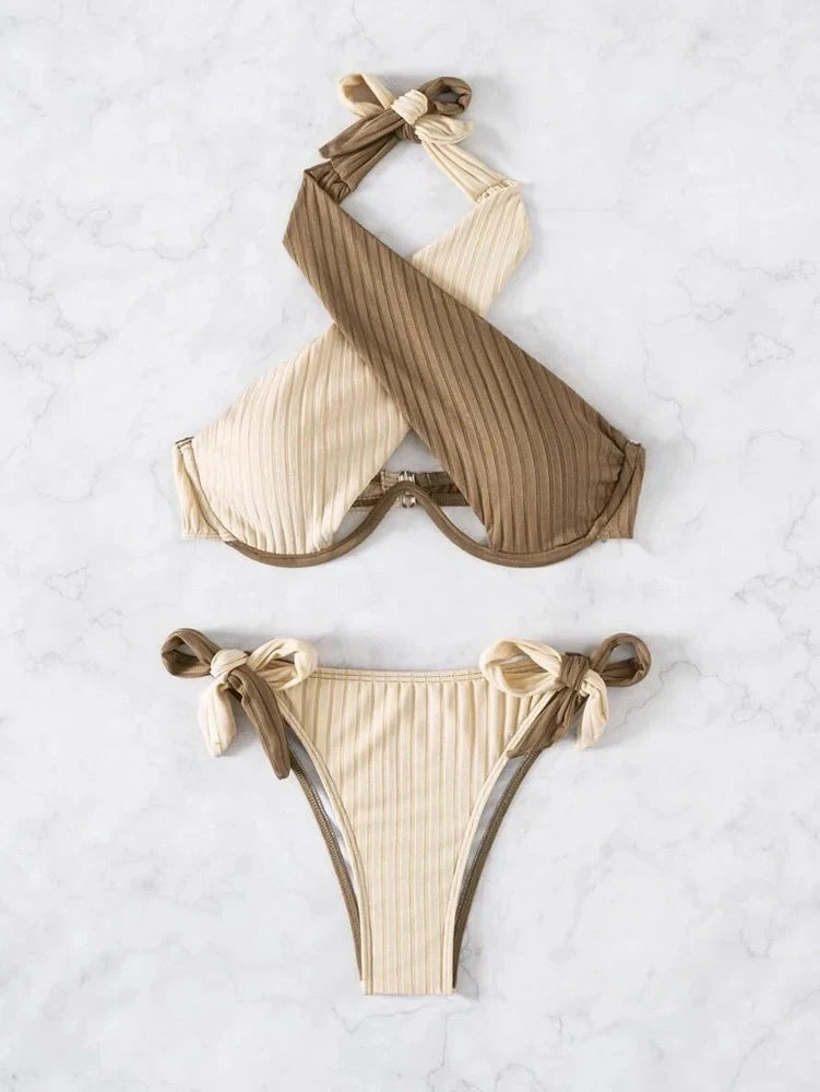 Women's two-tone bikini with cross-back design and steel underwire support in available colour options