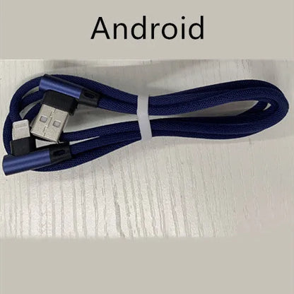 USB fast charging cable with a denim fabric exterior and aluminium connectors, shown in multiple colour options.