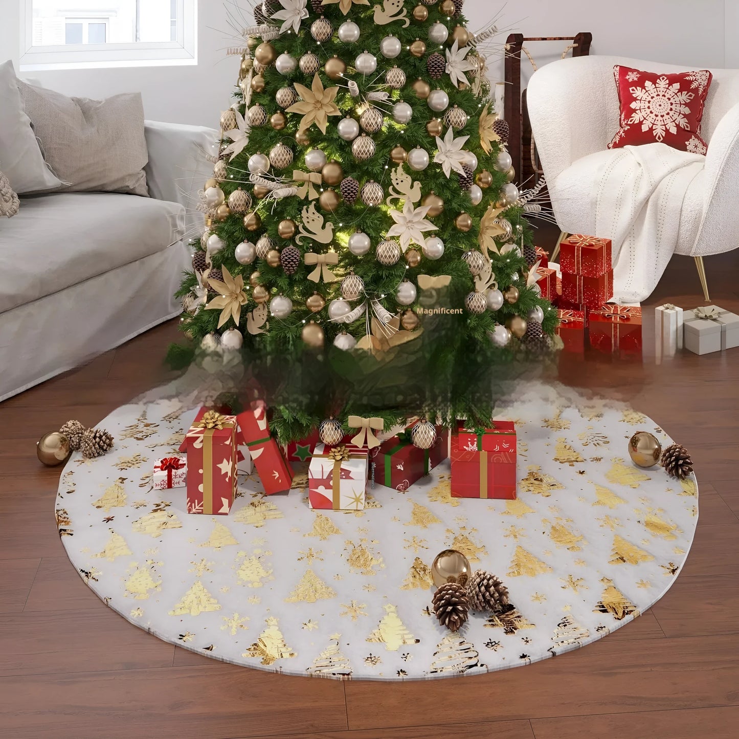 XINGX plush Christmas tree group mat with gilding snowflake designs in Christmas tree, cedar, and star styles.