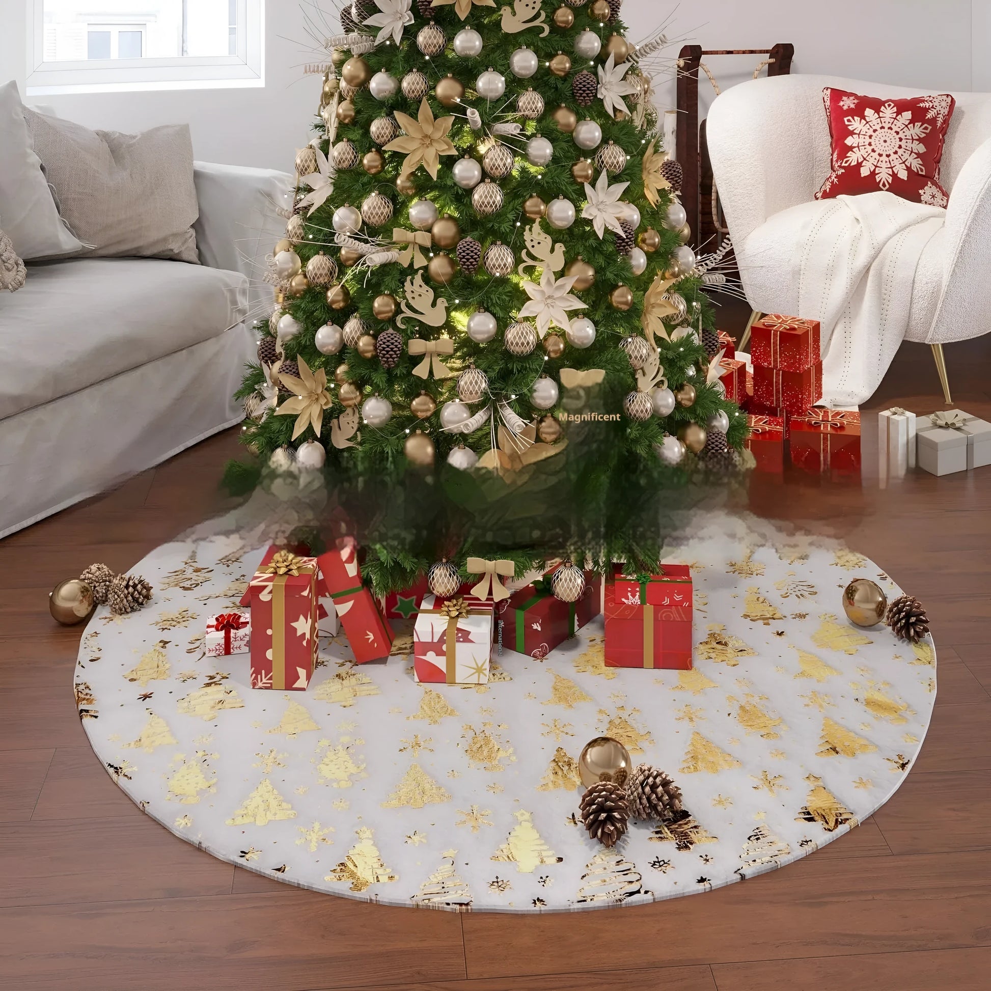 XINGX plush Christmas tree group mat with gilding snowflake designs in Christmas tree, cedar, and star styles.
