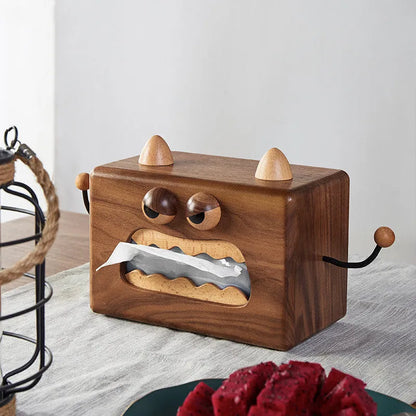 Little Monster cartoon design wooden tissue box in walnut beech wood, 190mm wide.