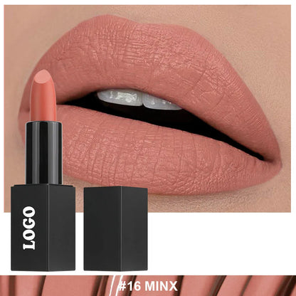 Beauty Does Not Fade matte finish lipstick in nonstick cup packaging, showing range of 24 colour shades.
