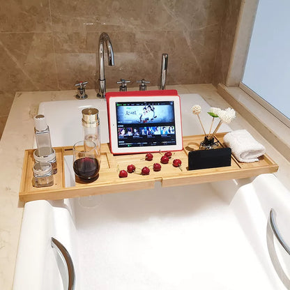 Bamboo retractable bathtub storage rack for phablets and bath essentials